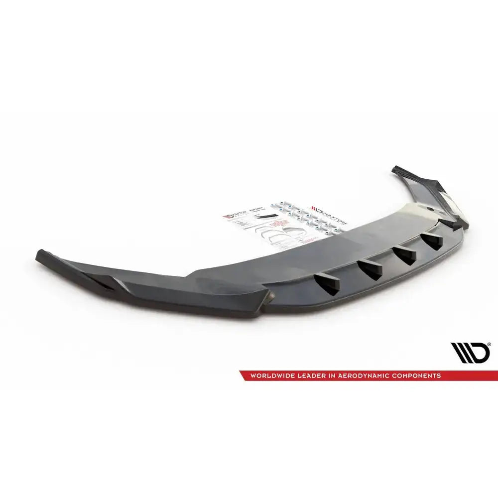 Front splitter Volkswagen Arteon R-Line Facelift V.1 svart plast med finner og monteringsutstyr på hvit bakgrunn.