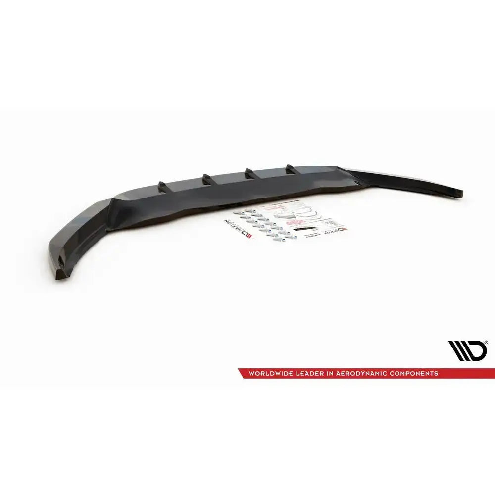 Frontspoiler Volkswagen Passat B8 V.1 med monteringsdeler og instruksjoner på hvit bakgrunn.