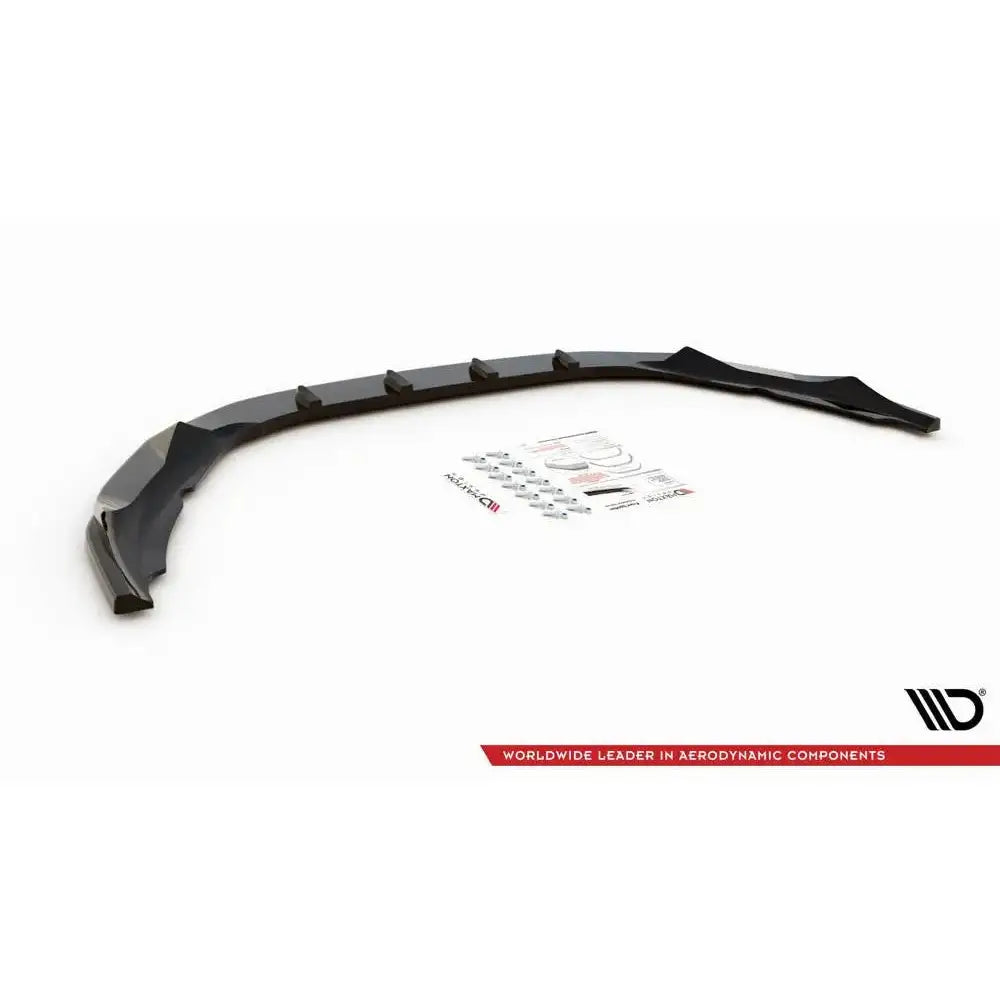 Front lip til Volvo S60 R-Design Mk2 V.1 14-18 med monteringsdeler og instruksjoner på hvit bakgrunn.