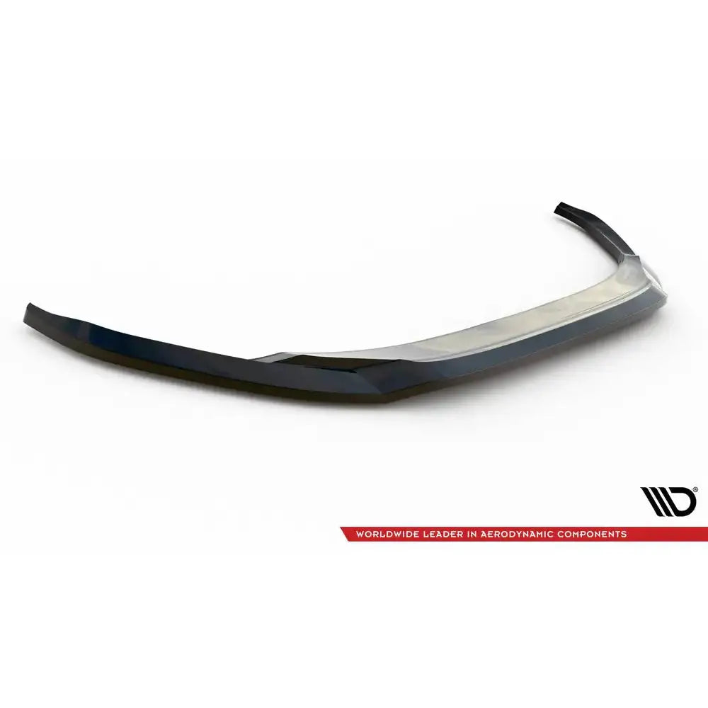 Front splitter til Audi A3 8Y V.2 i svart plast med blank finish og gjennomsiktig midtseksjon.