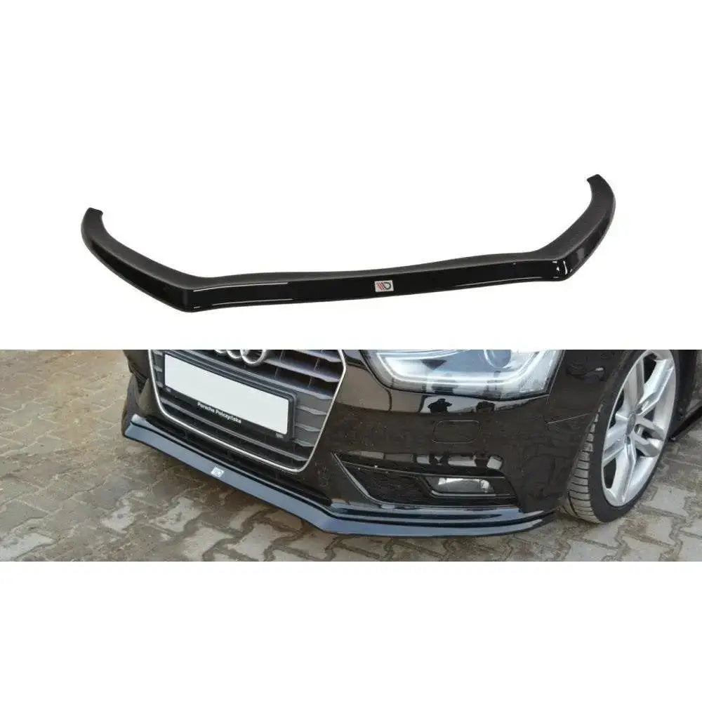 Frontspoiler V.2 Audi A4 B8 Fl i sort blank plast, vist separat og montert med avrundede hjørner.