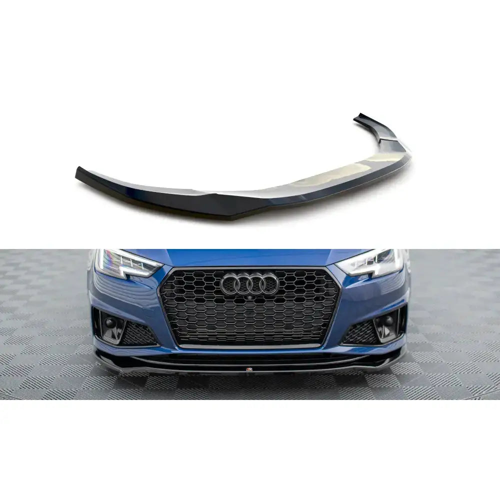 Frontspoiler Audi A4 B9 V.2 Competition i sort plast, skrå vinkel og montert på blå bil foran.