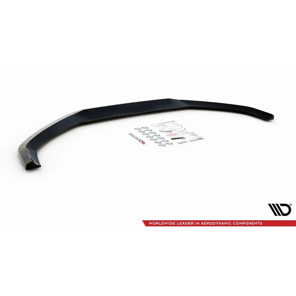 Front lip Audi A4 B9 V.2 sort plastspoiler med monteringsutstyr og instruksjoner på hvit bakgrunn.