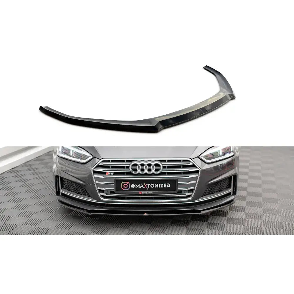 Frontspoiler Audi A5 F5 S-Line V.2 i sort plast, vist alene og montert på grå Audi S5 forfra.