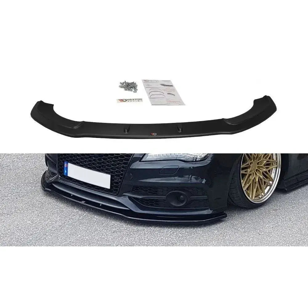 Frontspoiler Audi A7 V.2 Mk1 S-Line med monteringsutstyr og instruksjoner, vist fra oversiden.