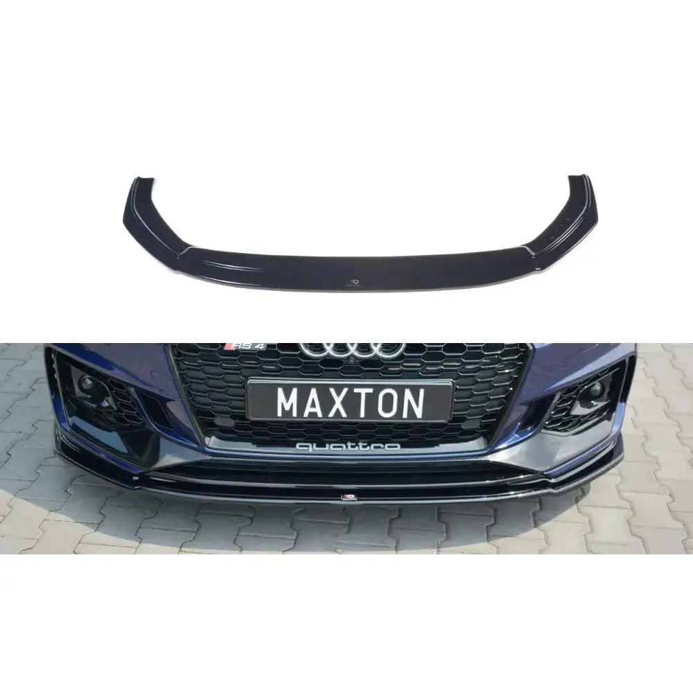 Frontspoiler Audi RS4 B9 V.2 i blank sort plast, montert på mørk bil, Maxton-logo synlig foran.