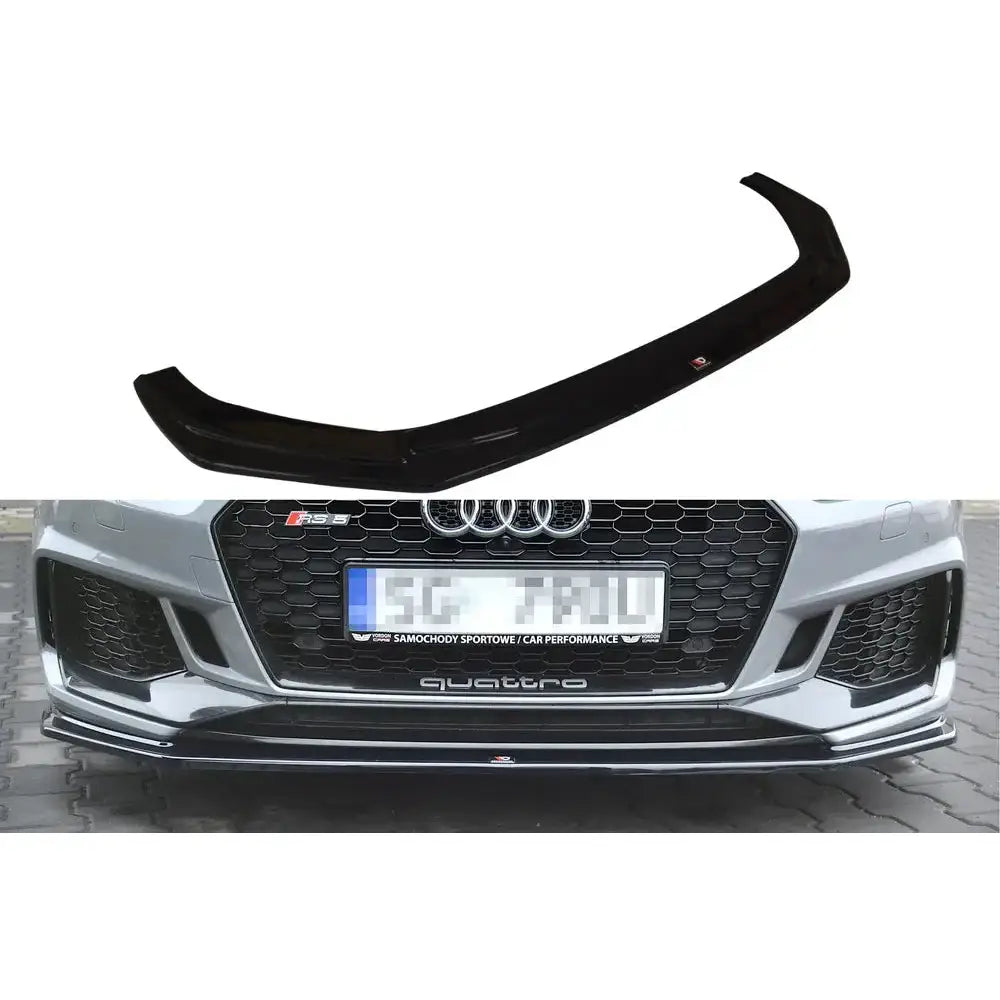 Frontspoiler Audi RS5 F5 Coupe V.2 i sort blank plast, vist separat og montert på grå bilfront.
