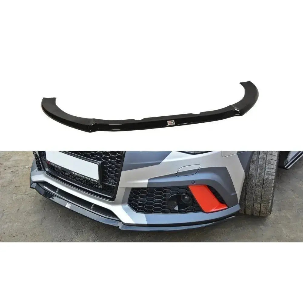 Frontspoiler Audi RS6 C7 V.2 i sort blank plast, vist separat og montert på bilfront fra skrå vinkel.