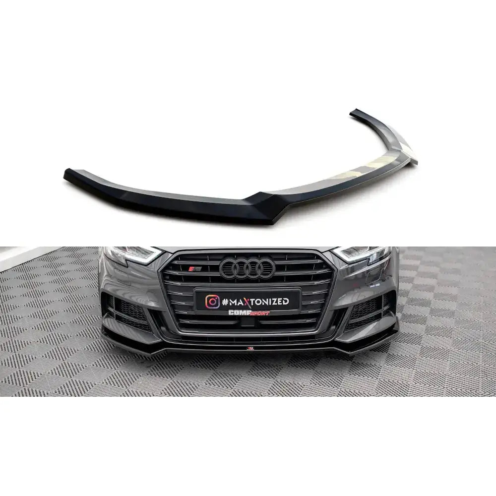 Frontspoiler Audi S3 Sportback 8V Facelift V.2 i sort plast, montert på grå bil sett forfra.