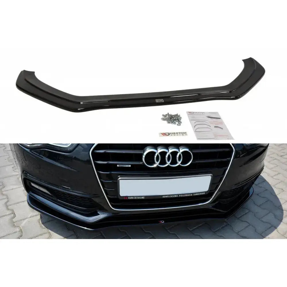 Frontspoiler Audi S5 A5 S-Line 8T Fl V.2 i sort glanset plast med monteringsutstyr, montert på svart bil.