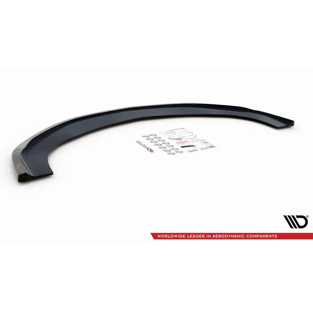 Frontspoiler Bentley Continental GT V8 S Mk2 svart plast med monteringsutstyr og klistremerker på hvit bakgrunn.