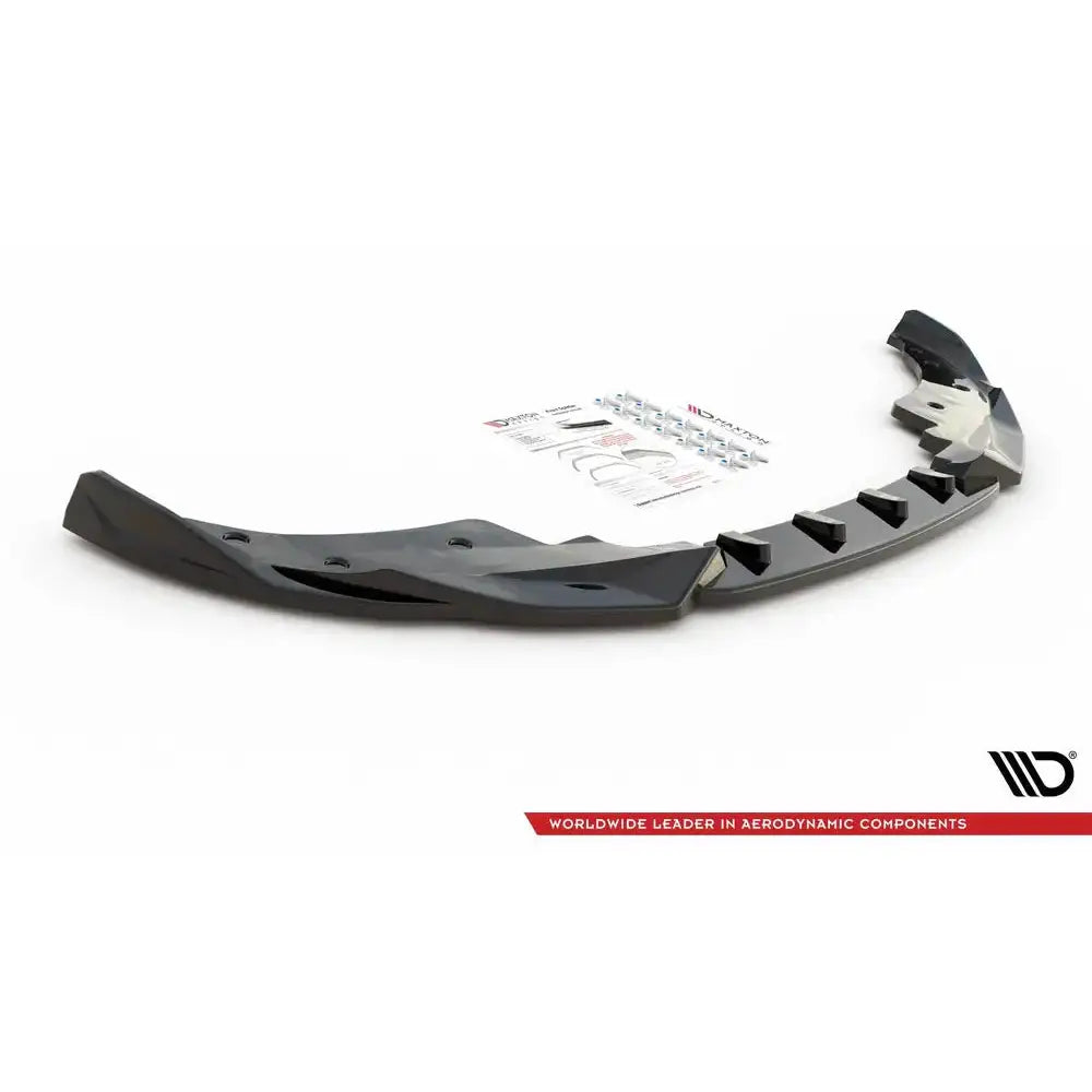 Front splitter for BMW 4 G22 M-Pack V.2, sort plast med ribber og festepunkter, monteringsutstyr bak.
