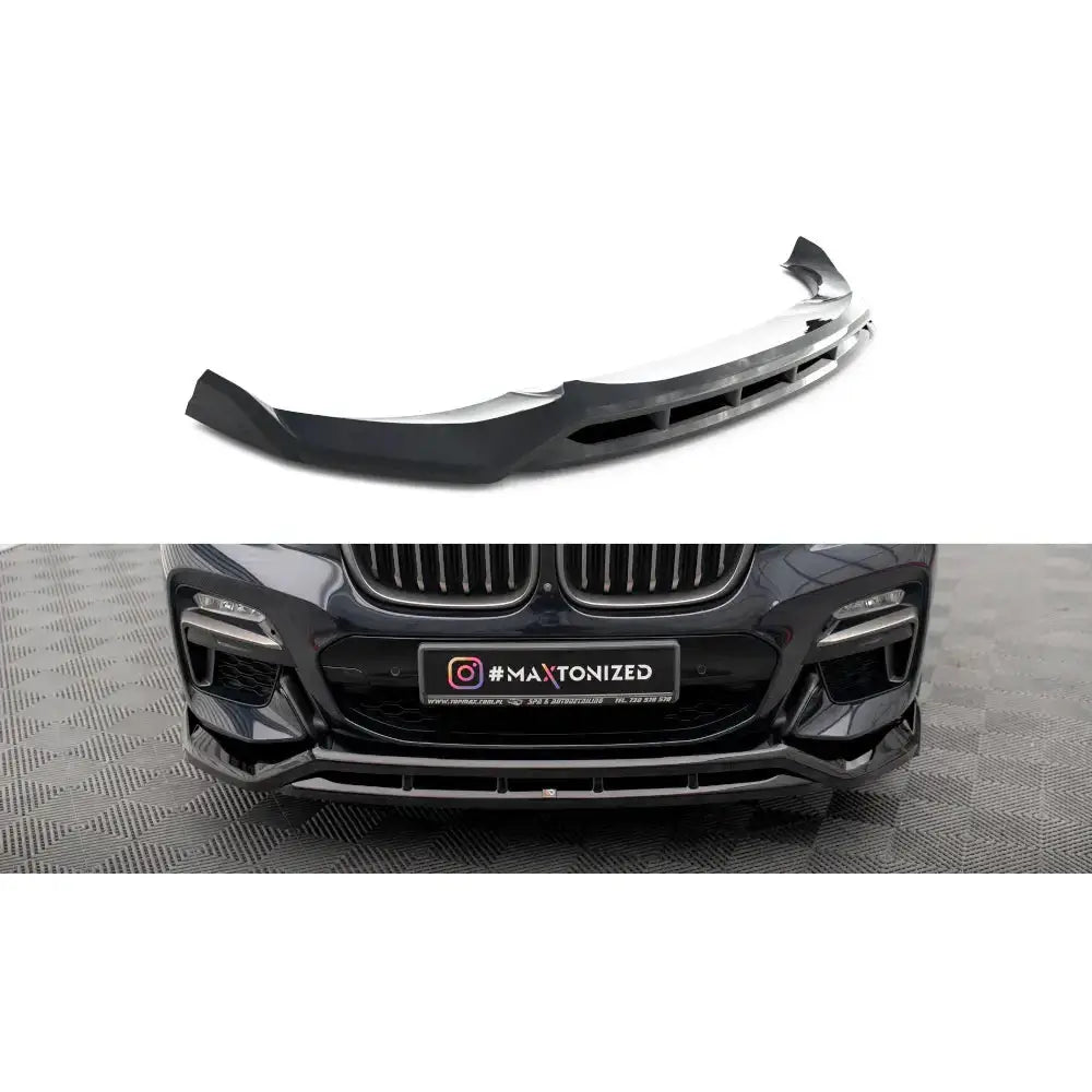 Frontspoiler til BMW X4 M-Pack G02 Facelift 21-, svart plast med aerodynamisk design, vist på bil og alene.