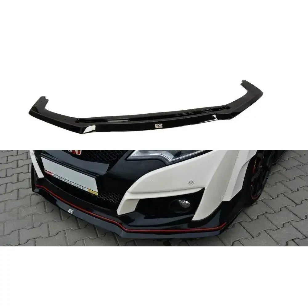 Frontspoiler Honda Civic IX Type R V.2 i sort blank plast med rød stripe, vist alene og montert på bil.
