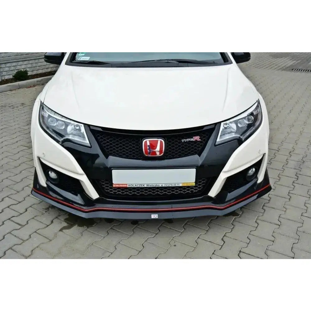 Front splitter Honda Civic IX Type R V.2 med sorte detaljer og rød dekorlinje, sett rett forfra.