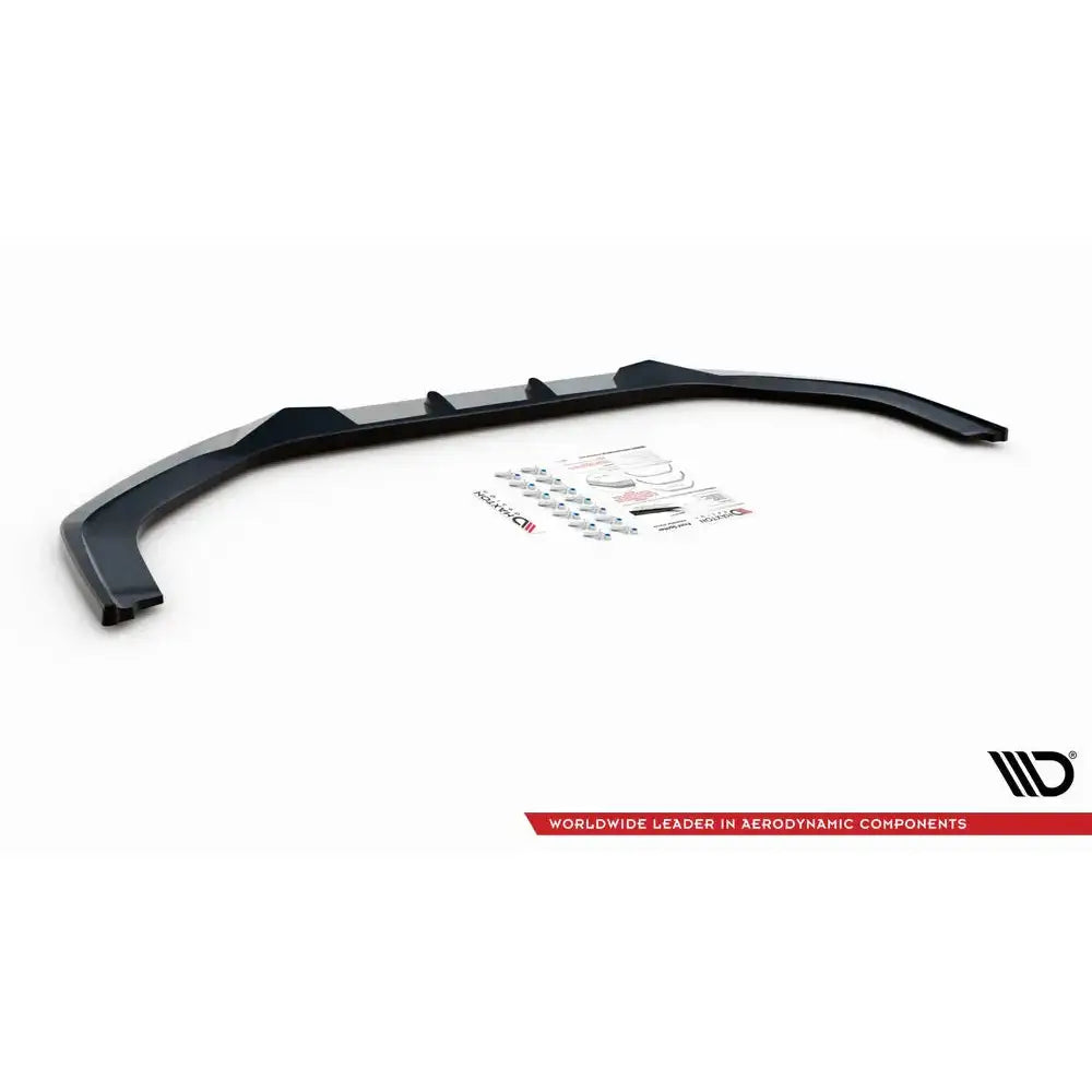 Front lip til Honda Civic Mk9 V.2 11-14 i sort plast med monteringsutstyr og instruksjoner på hvit bakgrunn.