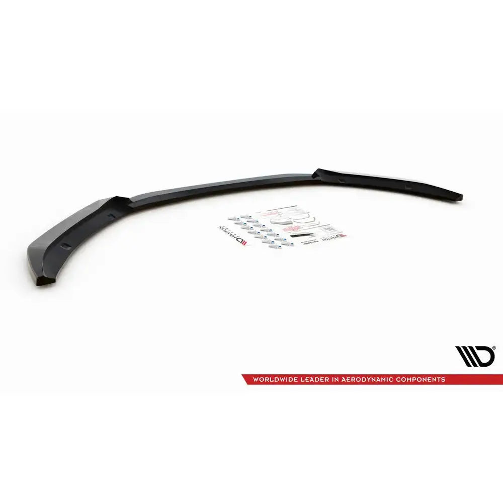 Frontspoiler Jaguar XF R-Sport Mk2 V.2 sett ovenfra med monteringsutstyr og instruksjoner på hvit bakgrunn.