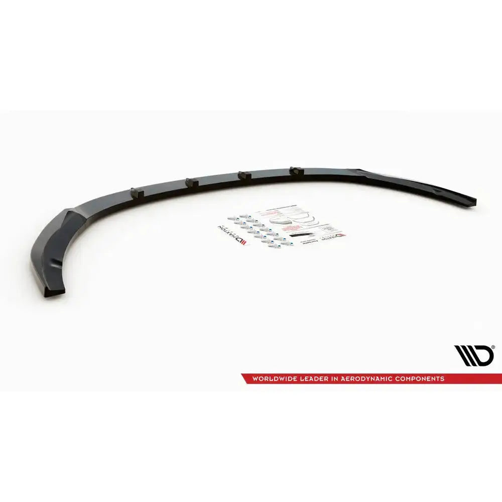 Frontspoiler Kia Optima Mk4 V.2 15-, svart plastdel med monteringsutstyr og instruksjoner sett ovenfra.