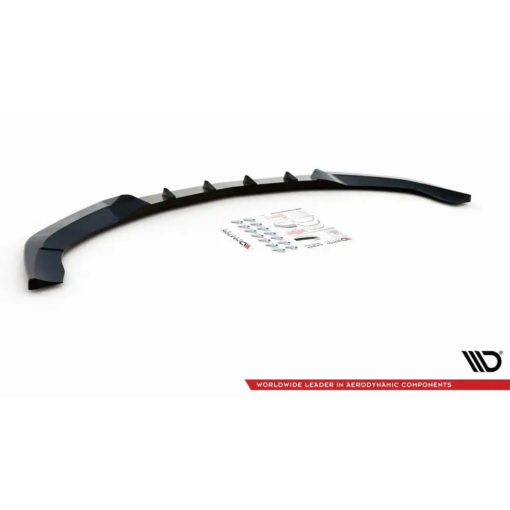 Frontspoiler til Mercedes E AMG-Line W212 Facelift, svart med finner, monteringsutstyr foran på hvit bakgrunn.