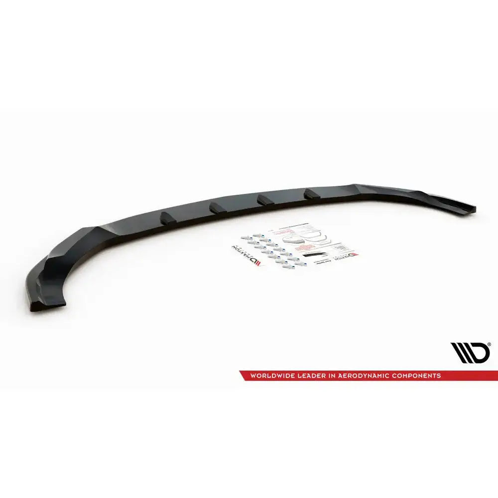 Frontspoiler Mercedes GLE Coupe 63AMG C292 svart plast med monteringsutstyr og instruksjoner på hvit bakgrunn.