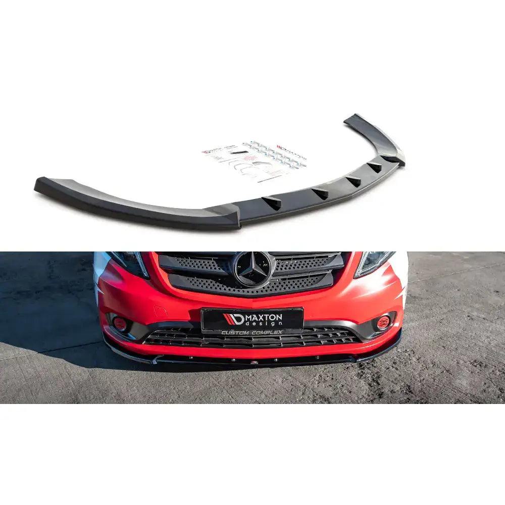 Frontleppe V.2 til Mercedes Vito W447, sort plastspoiler med markerte kanter og monteringsutstyr.