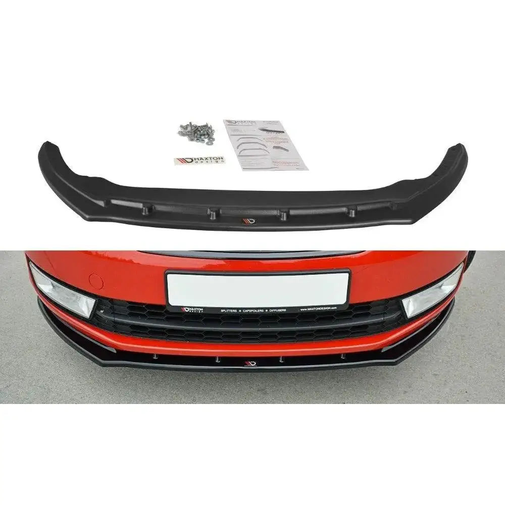 Frontspoiler Skoda Rapid V.2 i sort plast sett ovenfra med monteringsskruer og instruksjon.