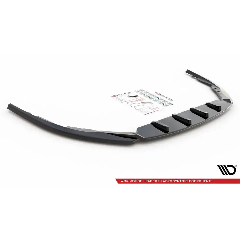 Front splitter til Toyota Avensis Mk3 Facelift 15-18, matt sort med fire finner og monteringsutstyr synlig.