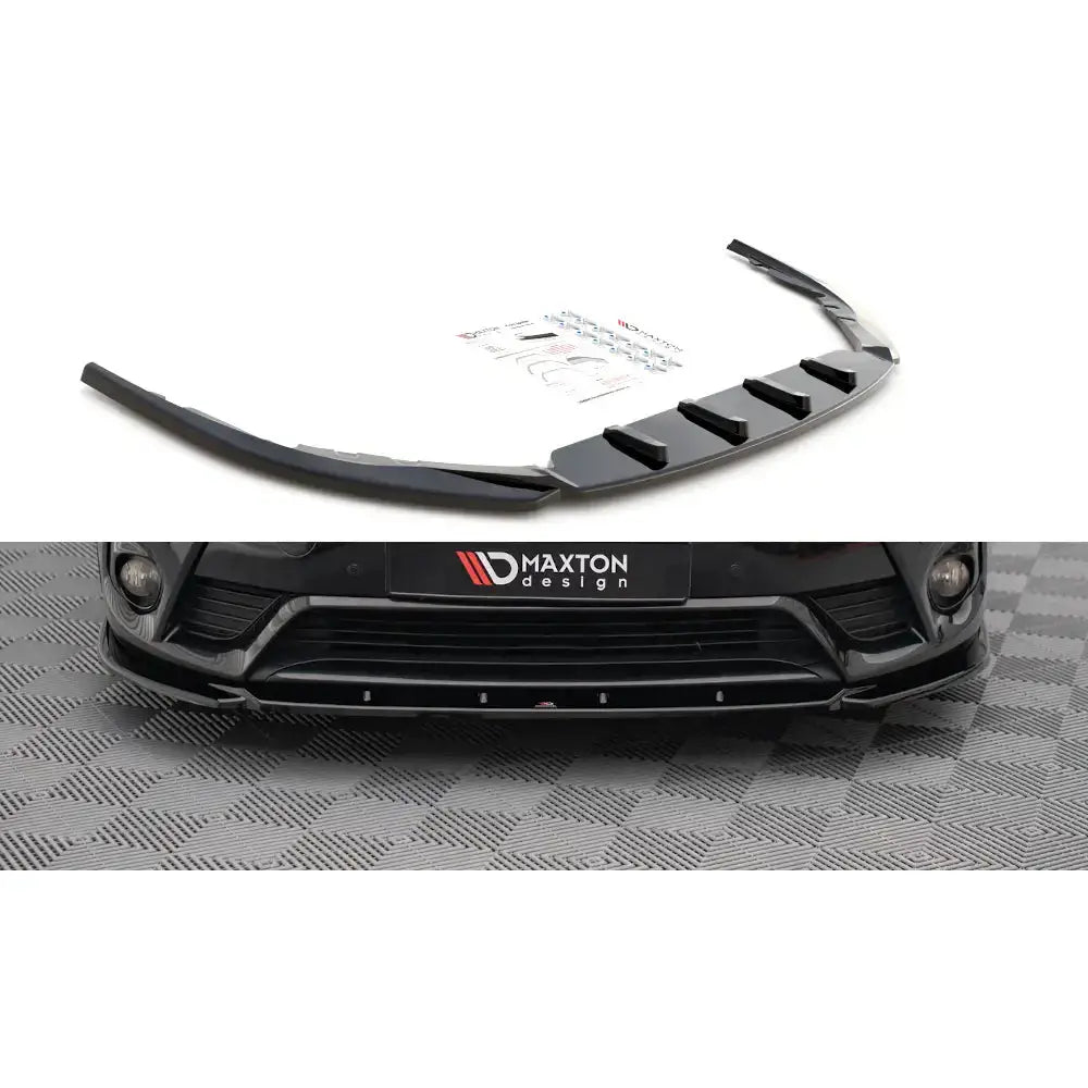 Frontspoiler til Toyota Avensis Mk3 Facelift 15-18 V.2, sort splitter vist løs og montert på bilfront.