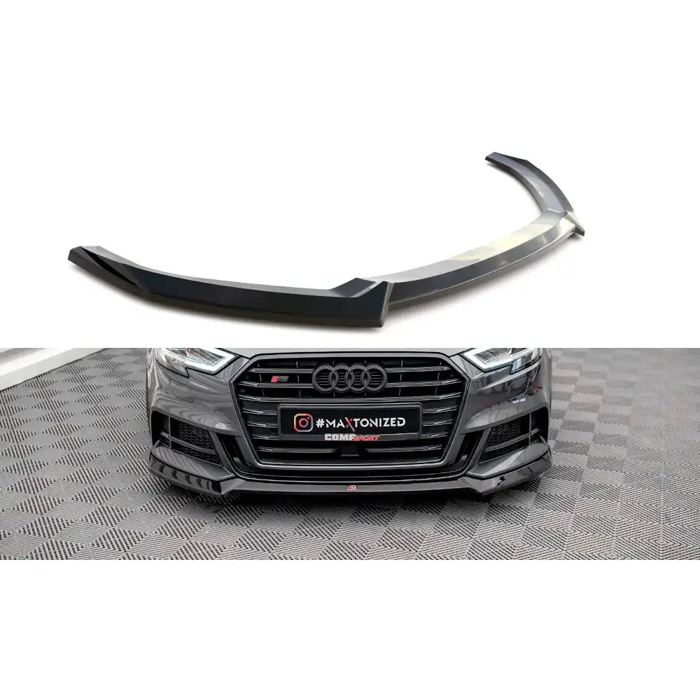 Frontspoiler Audi S3 Sportback 8V Facelift V.3 i svart plast, vist isolert foran grå sportsbil.