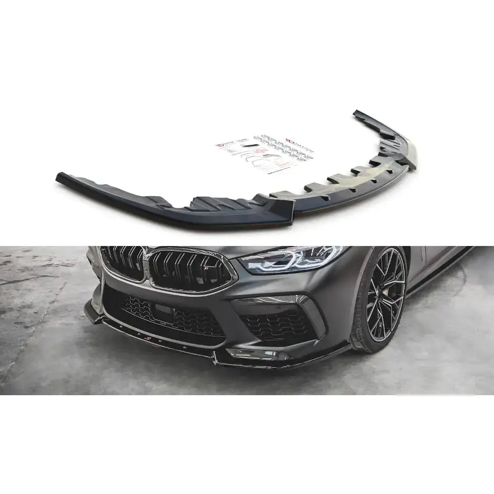 Frontspoiler til BMW M8 Gran Coupe F93 V.3 19- i sort plast, vist skrått med monteringsutstyr og montert på bil.