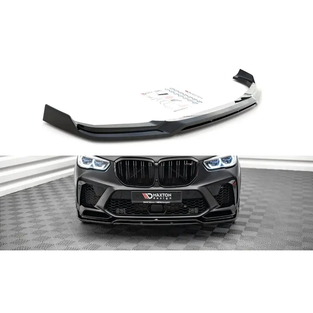 Frontspoiler til BMW X5M F95 V.3 i sort plast, vist fra skrå vinkel foran bilen.