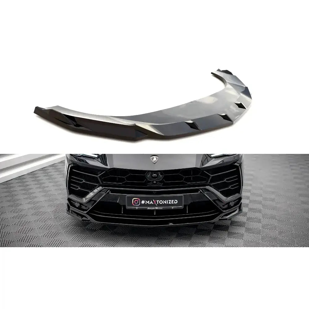 Frontspoiler til Lamborghini Urus Mk1 V.3 i sort blank plast, vist separat og montert på SUV.