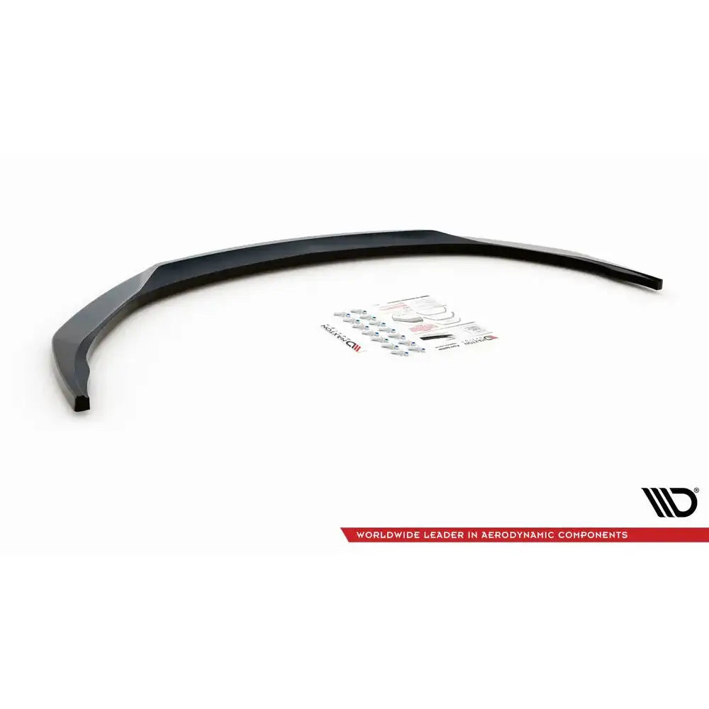 Frontspoiler V.3 til Opel Insignia Mk2 17-, svart plastdel med monteringsdeler på hvit bakgrunn.