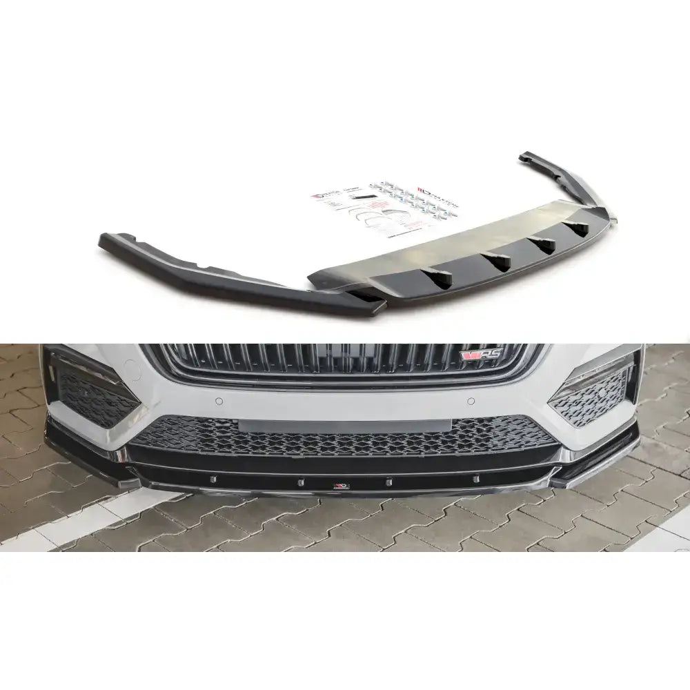 Frontspoiler Skoda Octavia RS Mk4 V.3 20- sett ovenfra, inkludert monteringsutstyr og montert på bil.