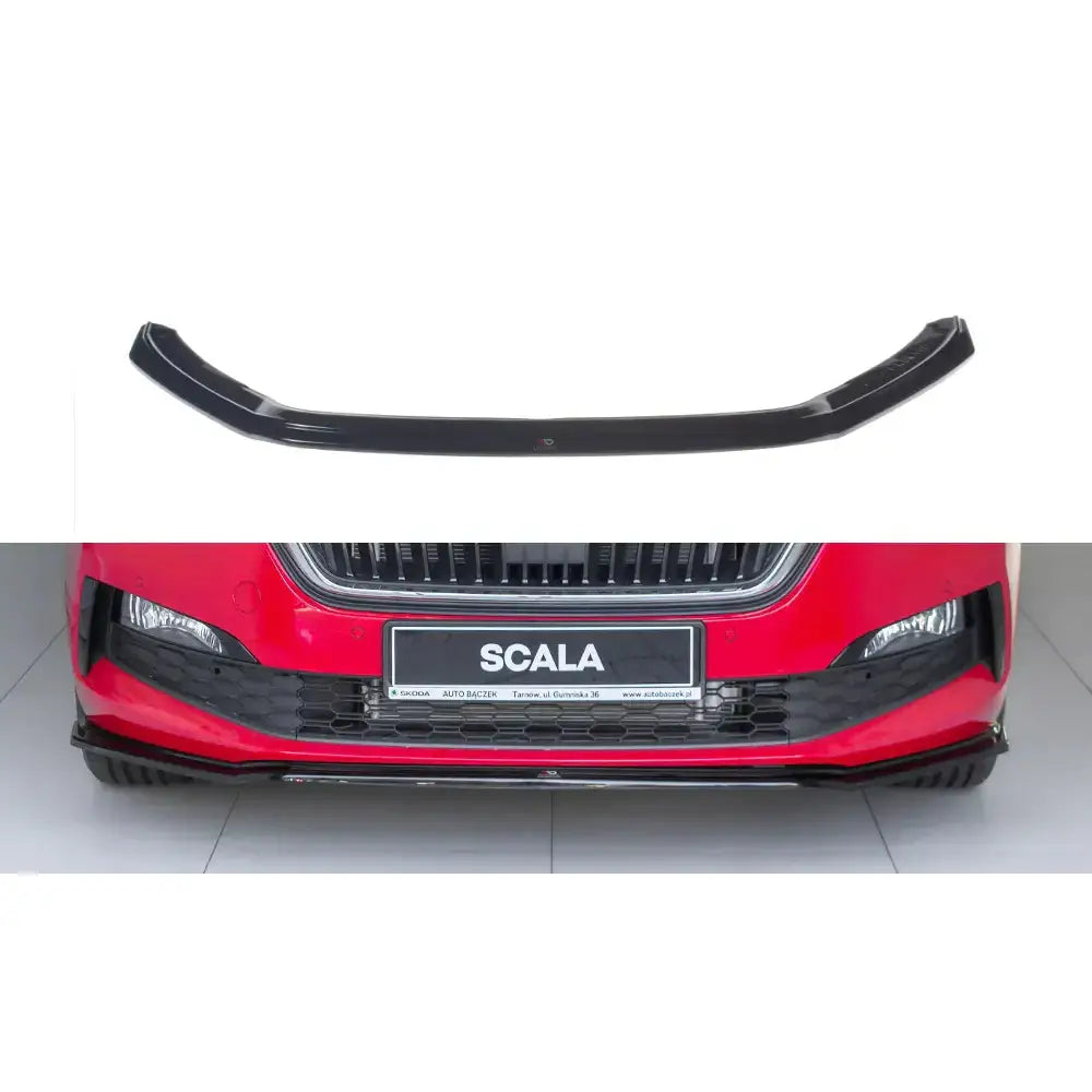 Frontspoiler Skoda Scala V.3 i sort blank plast, vist separat og montert på rød bil.