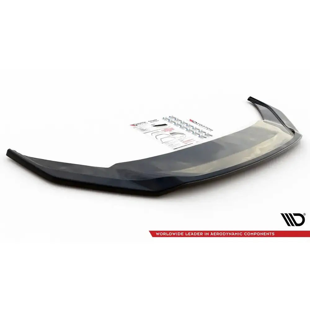 Front lip til Volkswagen Arteon R-Line Facelift V.3 med monteringssett og instruksjoner på hvit bakgrunn.