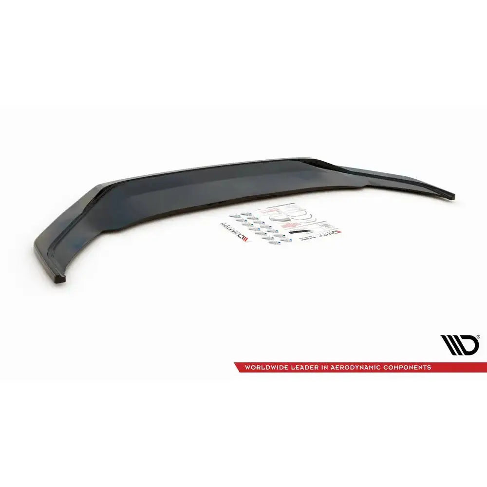 Frontspoiler Volkswagen Arteon R-Line Facelift 20- V.3 med monteringsutstyr og klistremerker på hvit bakgrunn.