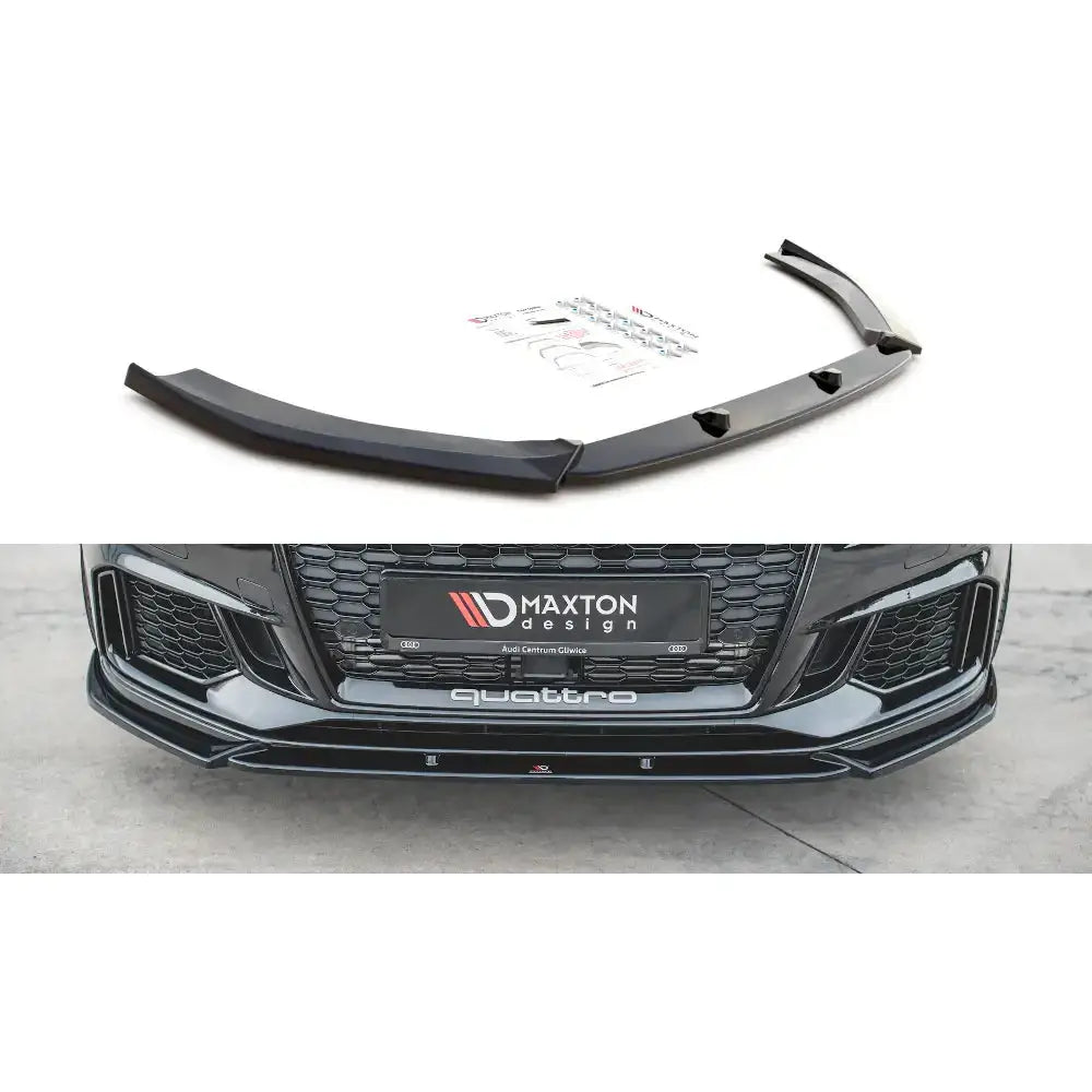 Frontspoiler Audi RS3 8V FL Sportback V.4 i sort plast med skarpe linjer, montert på bilfront.