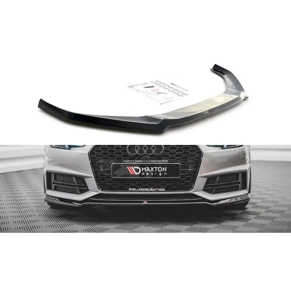 Frontspoiler Audi S4 / A4 S-Line B9 V.4 i sort glansplast med monteringsutstyr, vist foran på bilen.