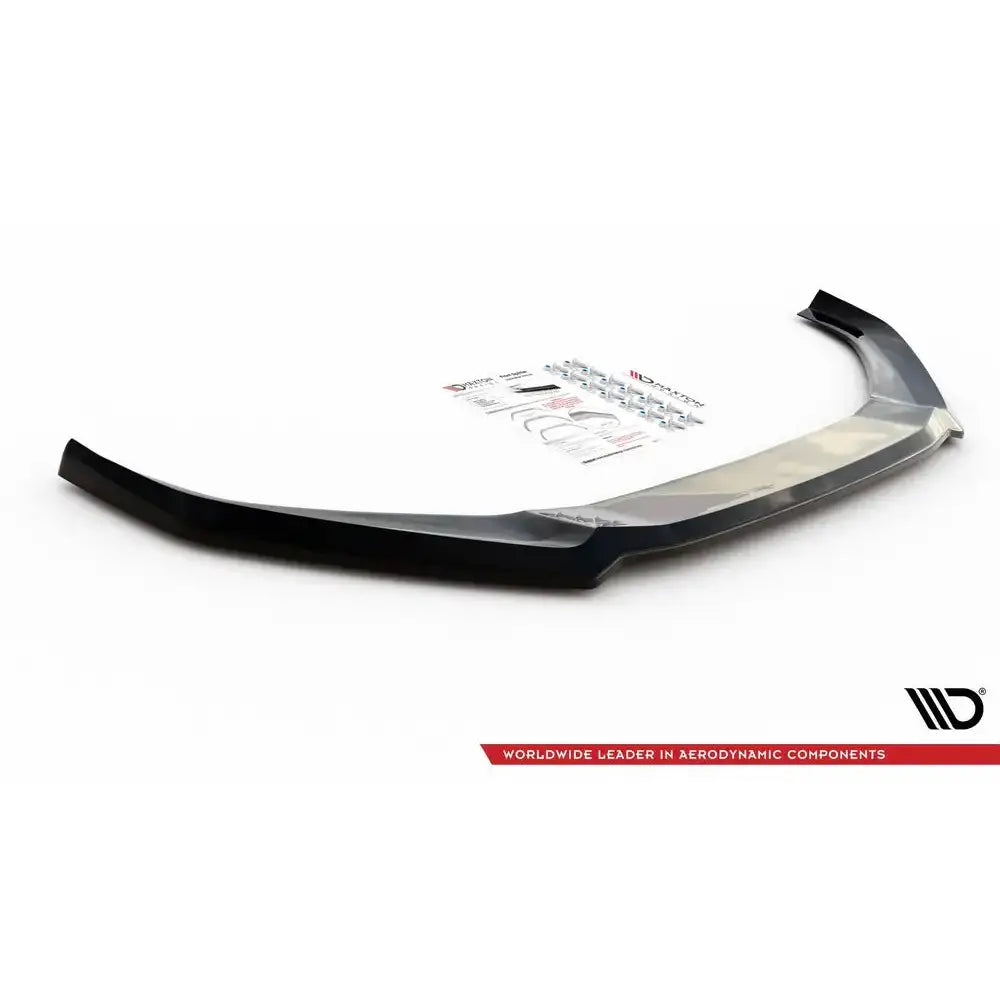 Front splitter Audi S4 / A4 S-Line B9 V.4 sort plast med monteringssett og instruksjoner på hvit bakgrunn.