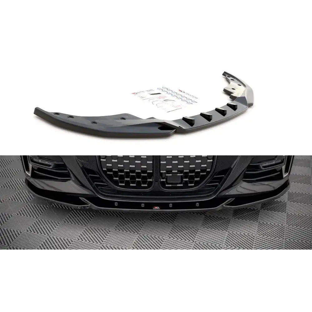 Frontspoiler BMW 4 G22 M-Pack V.4 20- sort plast, vist ovenfra og montert på bilens front.