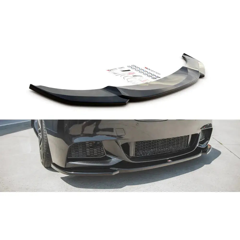 Frontspoiler BMW 5 F10/F11 M-Pack V.4 i sort glanset plast, vist separat og montert på bilfront.