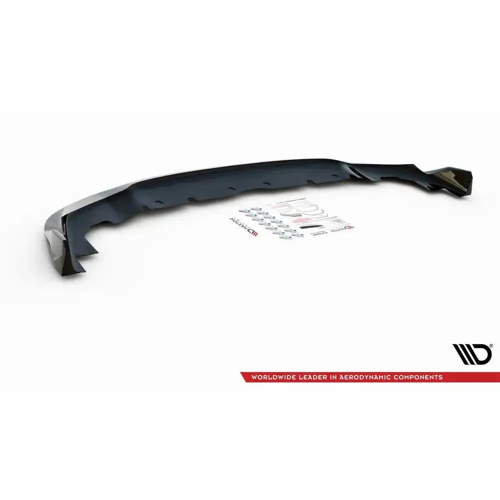 Frontleppe til BMW 1 F40 M-Pack, sort plast med monteringsutstyr og instruksjoner, sett ovenfra.