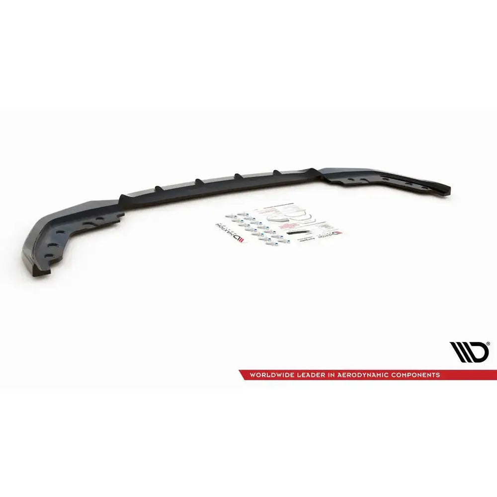 Front lip for BMW 3 G20/G21 M-Pack 18- V.5 sett skrått ovenfra med monteringsutstyr og instruksjoner.