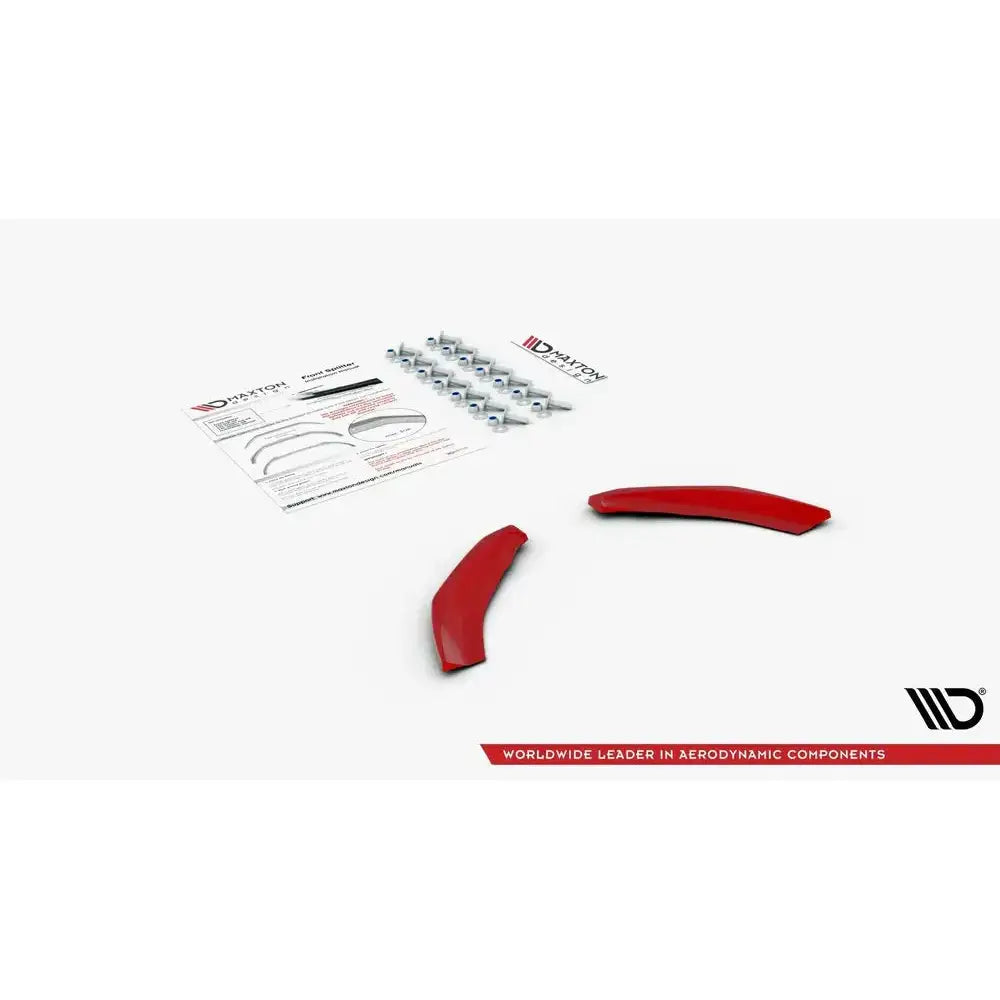 Frontspoiler V.5 VW Polo Mk6 Gti med to røde plastdeler, skruer og instruksjonsark sett ovenfra.