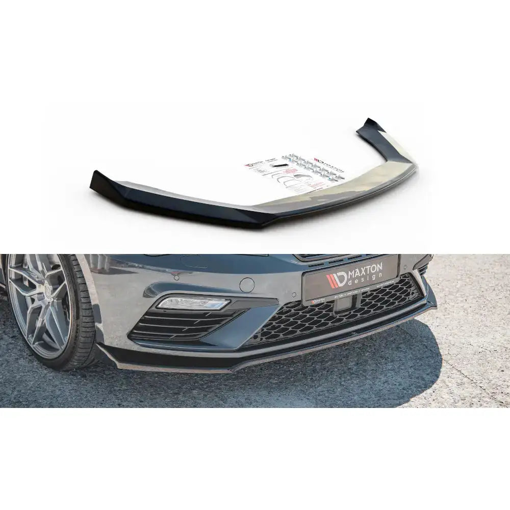 Frontspoiler Seat Leon Cupra FR Mk3 FL V.7 i svart plast, montert på bil med markerte sportslige kanter.