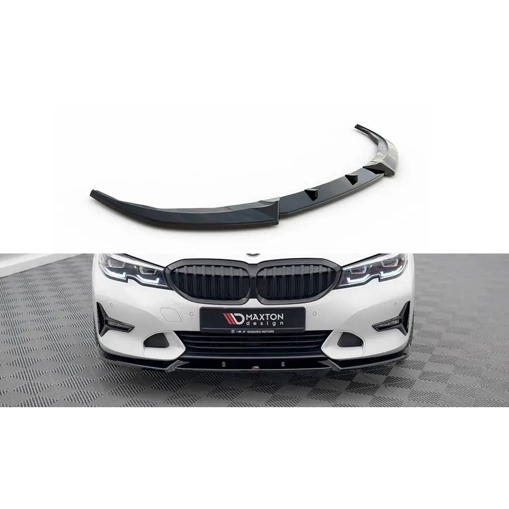 Frontspoiler BMW 3 G20/G21 V1 Sport Line i sort blank plast, vist montert på hvit bil.
