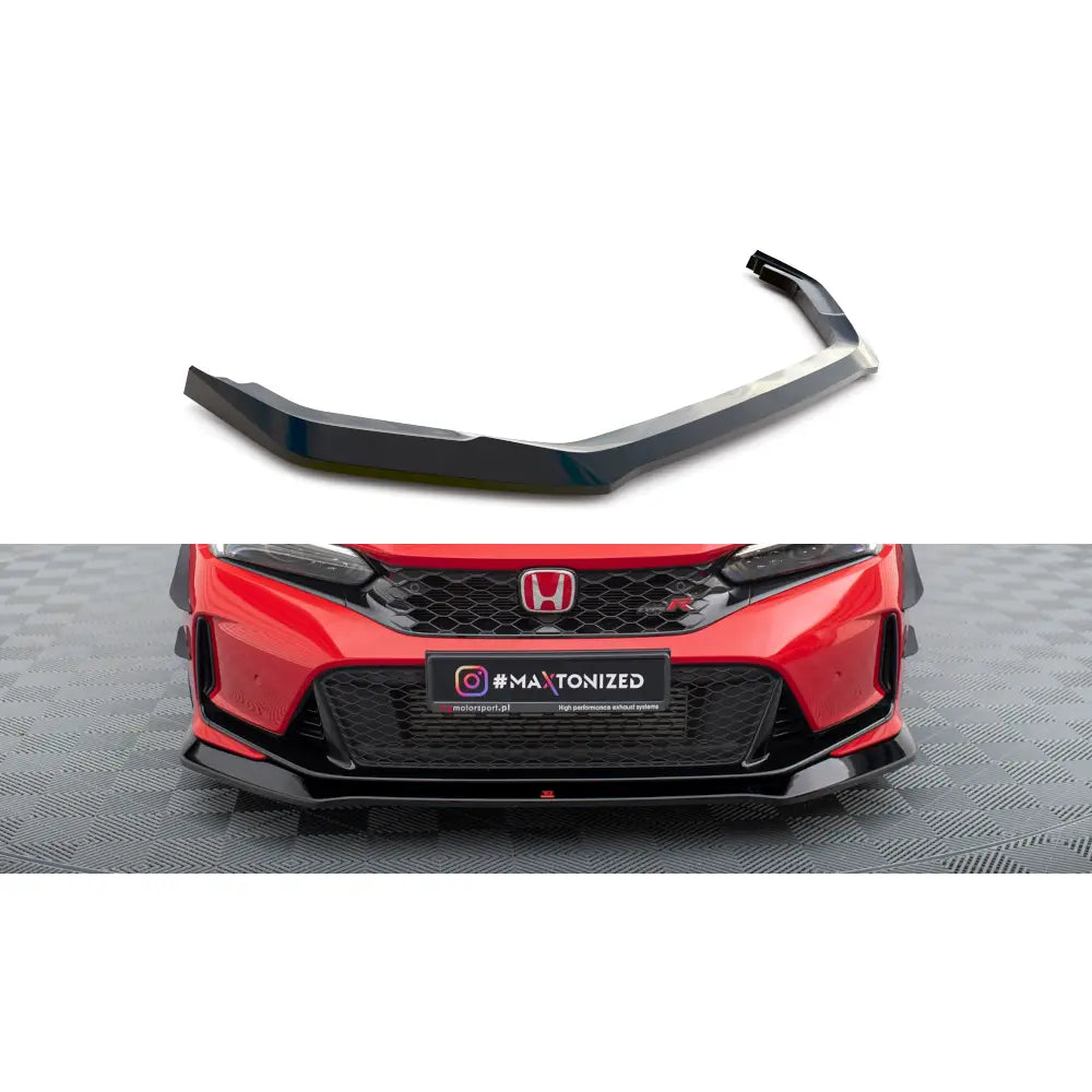 Frontspoiler til Honda Civic Type-R Mk 11 V1 i sort, glanset finish, montert på rød bil forfra.