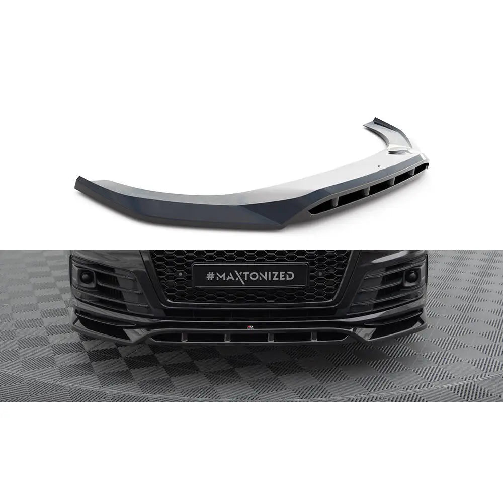 Frontspoiler Audi SQ7 / Q7 S-Line Mk2 V2 i sort glanset plast sett forfra med aerodynamiske detaljer.