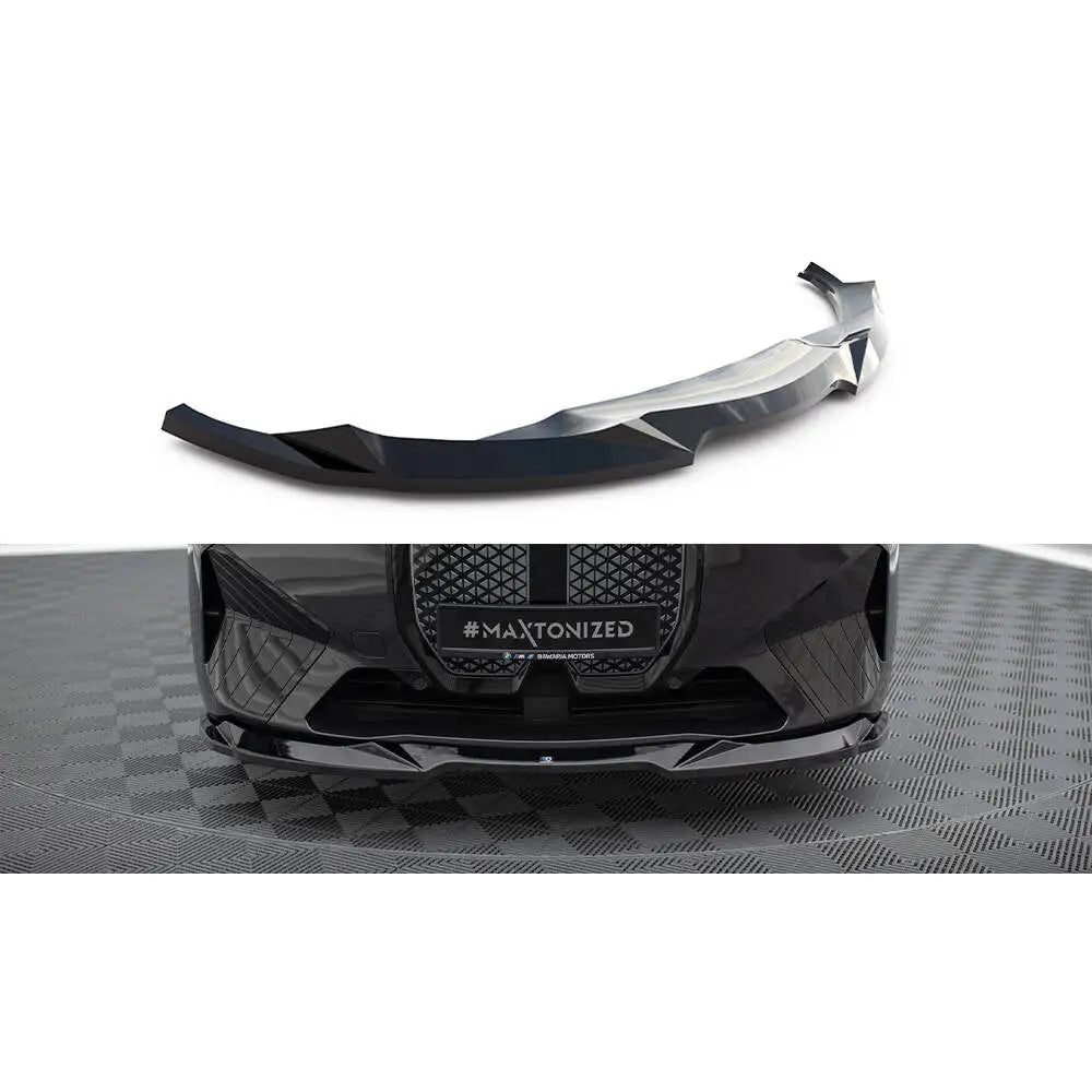 Frontspoiler BMW iX M-Pack i20 V2, sort plast med glanset overflate og kantete, aerodynamisk design.